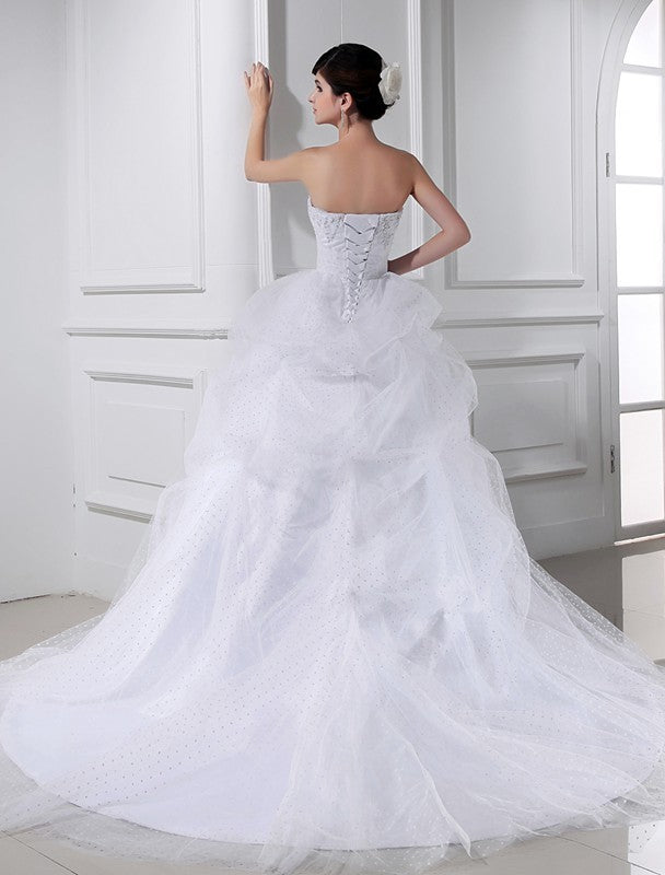 Ball Gown Beading Sweetheart Sleeveless Applique Satin Tulle Wedding Dresses CICIP0006947