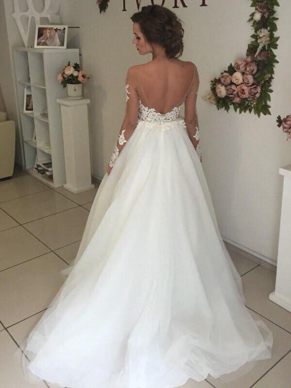 A-Line/Princess Tulle Off-the-Shoulder Sweep/Brush Train Long Sleeves Wedding Dresses CICIP0006177