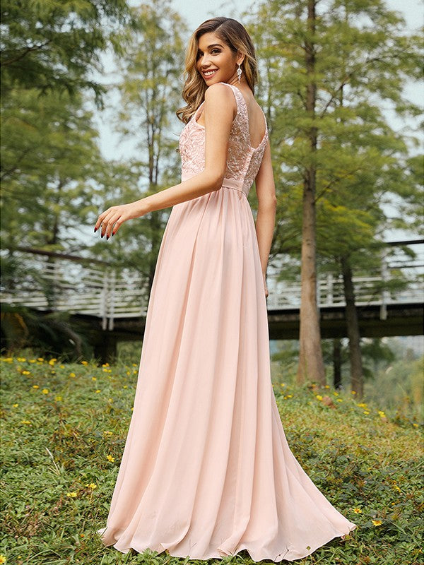 A-Line/Princess Chiffon Lace V-neck Sleeveless Floor-Length Bridesmaid Dresses CICIP0004989