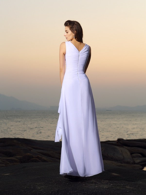 A-Line/Princess V-neck Pleats Sleeveless Long Chiffon Beach Wedding Dresses CICIP0006534