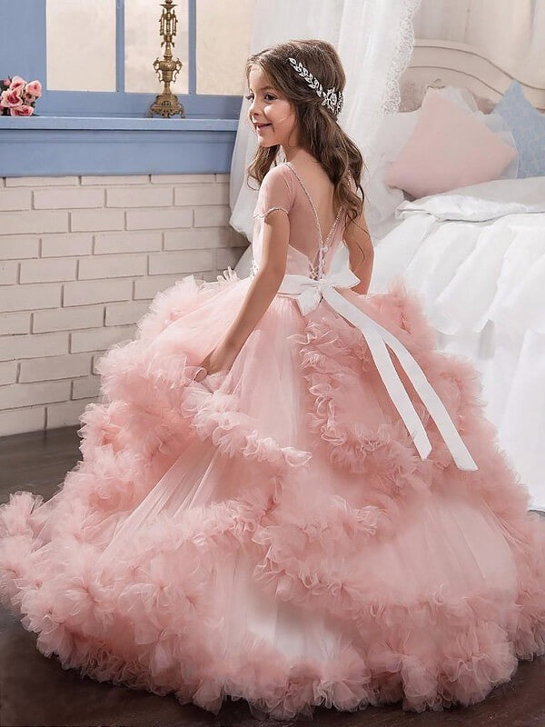 Ball Gown Jewel Short Sleeves Crystal Floor-Length Tulle Flower Girl Dresses CICIP0007491