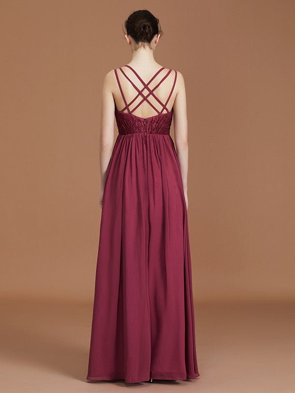 A-Line/Princess Lace Sweetheart Chiffon Ruched Floor-Length Bridesmaid Dresses CICIP0005841