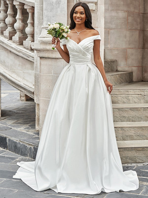 A-Line/Princess Off-the-Shoulder Ruched Sleeveless Satin Court Train Wedding Dresses CICIP0005936
