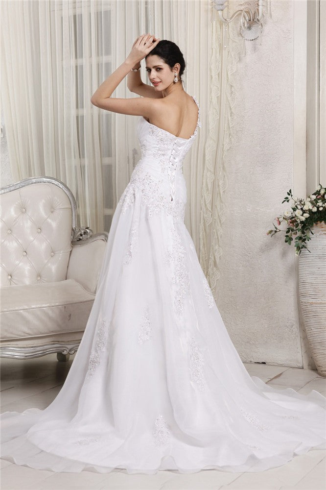 A-Line/Princess One-Shoulder Sleeveless Beading Applique Long Organza Wedding Dresses CICIP0006938