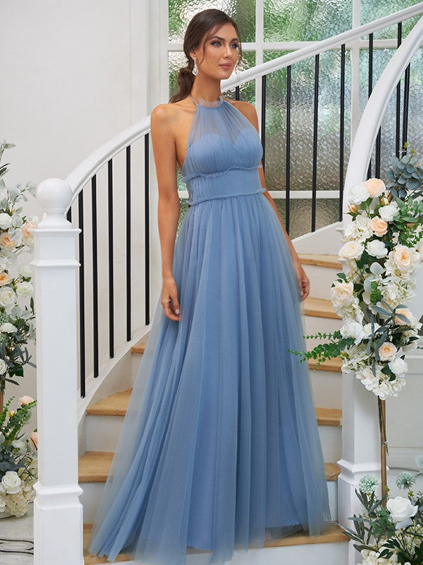 A-Line/Princess Tulle Ruched Halter Sleeveless Floor-Length Bridesmaid Dresses CICIP0004960