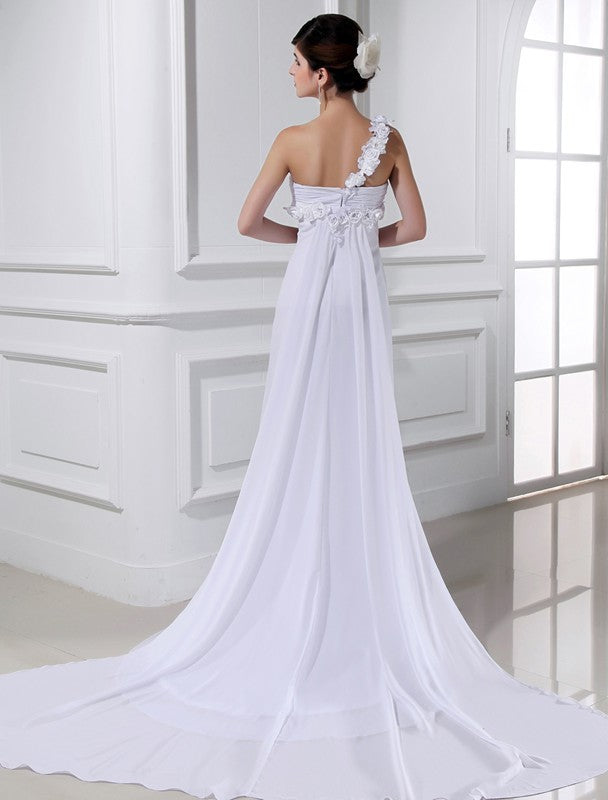 A-Line/Princess One-shoulder Beading Hand-made Flower Sleeveless Chiffon Wedding Dresses CICIP0006896