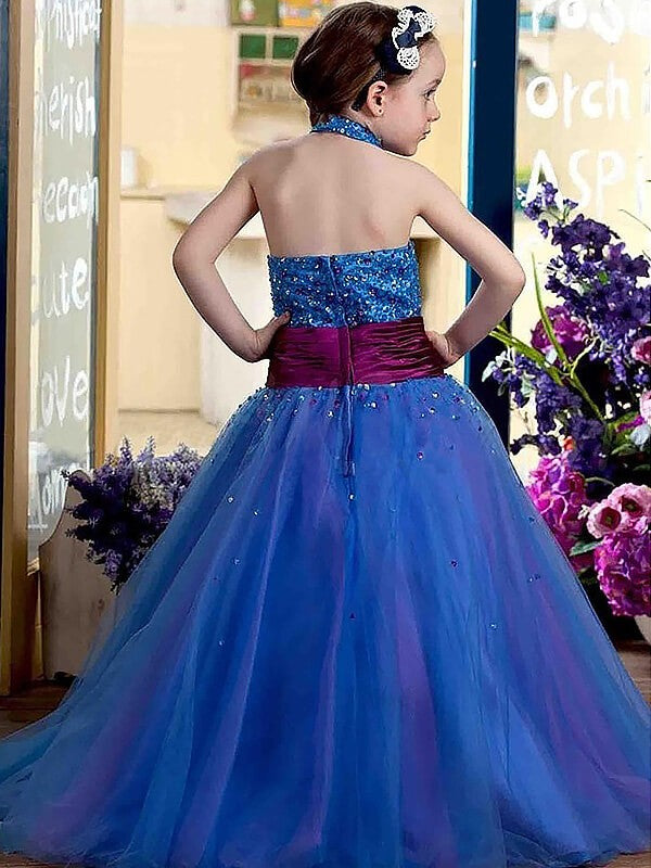 Ball Gown Halter Sleeveless Floor-Length Sequins Tulle Flower Girl Dresses CICIP0007806