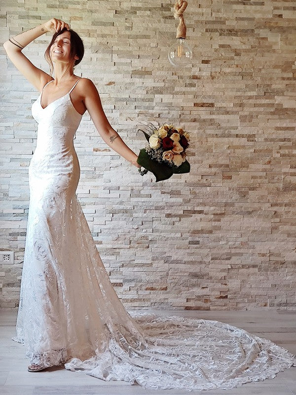 Sheath/Column Lace Applique Spaghetti Straps Sleeveless Court Train Wedding Dresses CICIP0005976