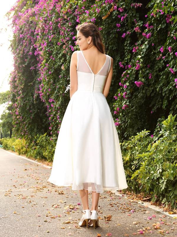 A-Line/Princess Bateau Sash/Ribbon/Belt Sleeveless Long Satin Wedding Dresses CICIP0006595