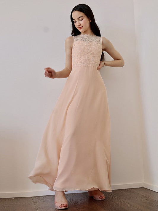 A-Line/Princess Chiffon Lace High Neck Sleeveless Floor-Length Junior/Girls Bridesmaid Dresses CICIP0005883