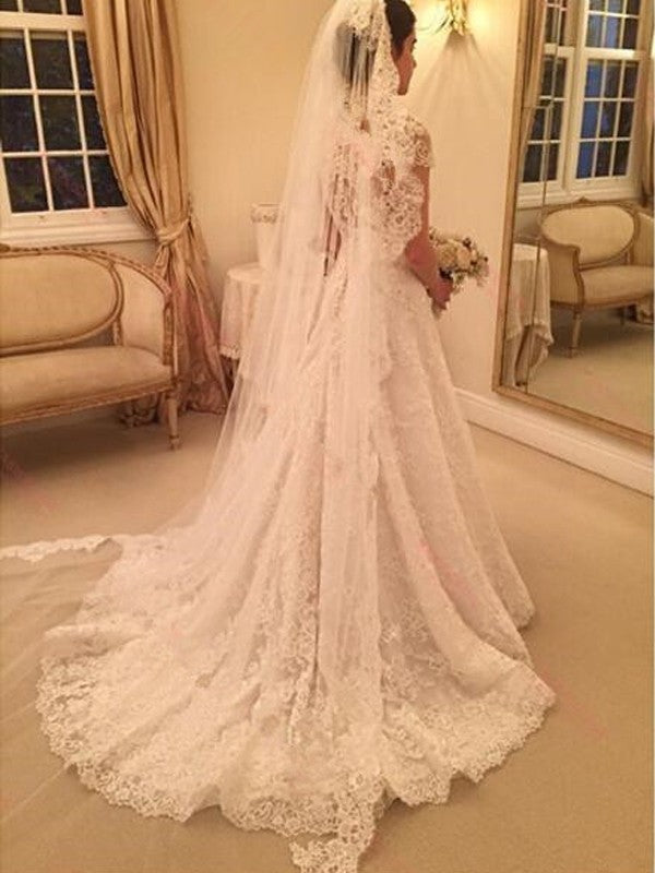 A-Line/Princess Sweetheart Court Train Short Sleeves Lace Wedding Dresses CICIP0006164