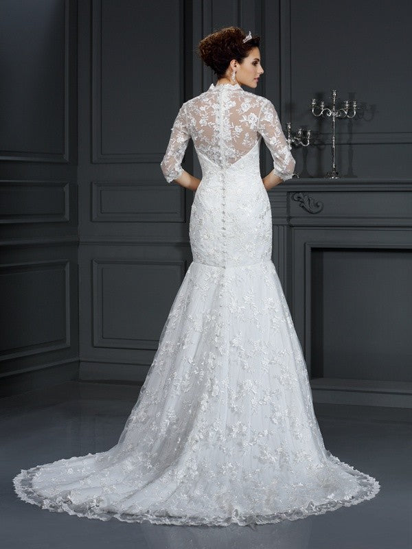 Trumpet/Mermaid V-neck Lace 1/2 Sleeves Long Lace Wedding Dresses CICIP0006569