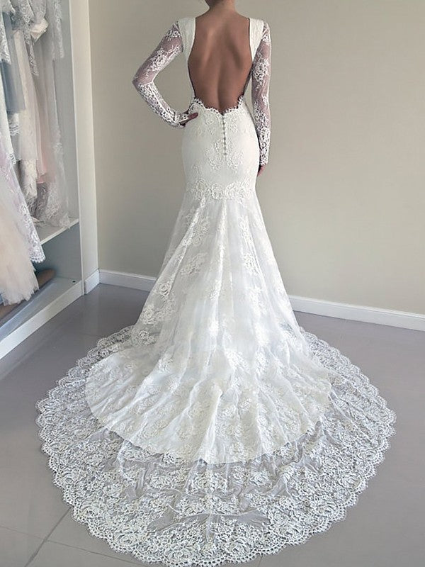 Trumpet/Mermaid Scoop Long Sleeves Court Train Lace Wedding Dresses CICIP0006244