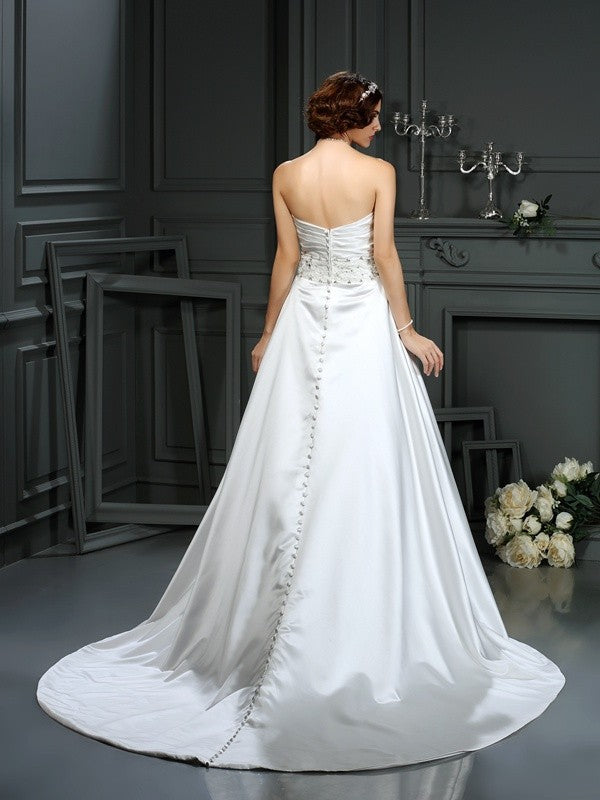 A-Line/Princess Strapless Beading Sleeveless Long Satin Wedding Dresses CICIP0006869