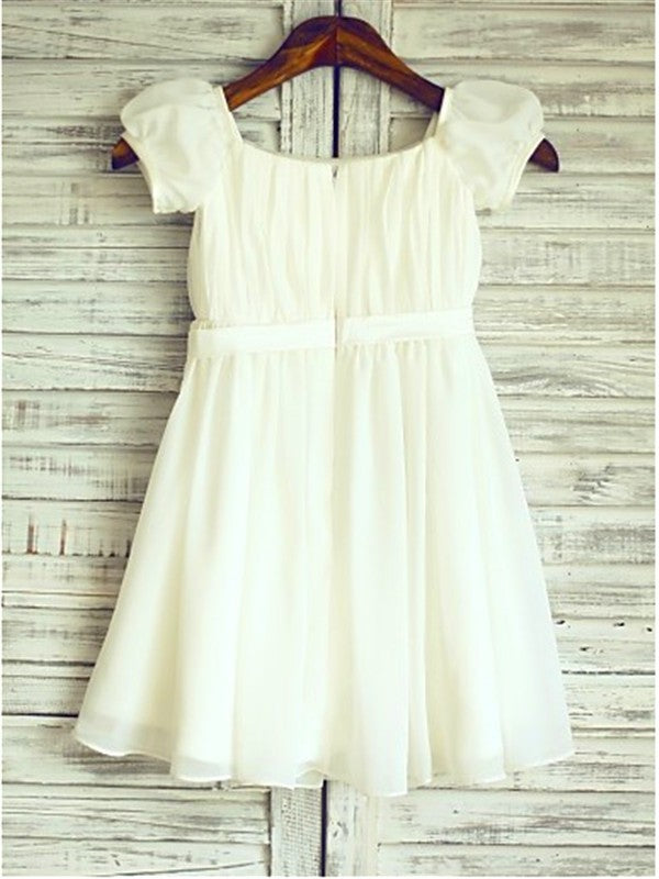 A-line/Princess Square Short Sleeves Ruched Tea-Length Chiffon Flower Girl Dresses CICIP0007675