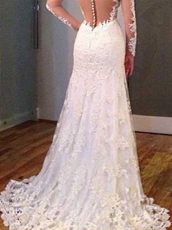 Trumpet/Mermaid Long Sleeves V-neck Sweep/Brush Train Applique Lace Wedding Dresses CICIP0006226
