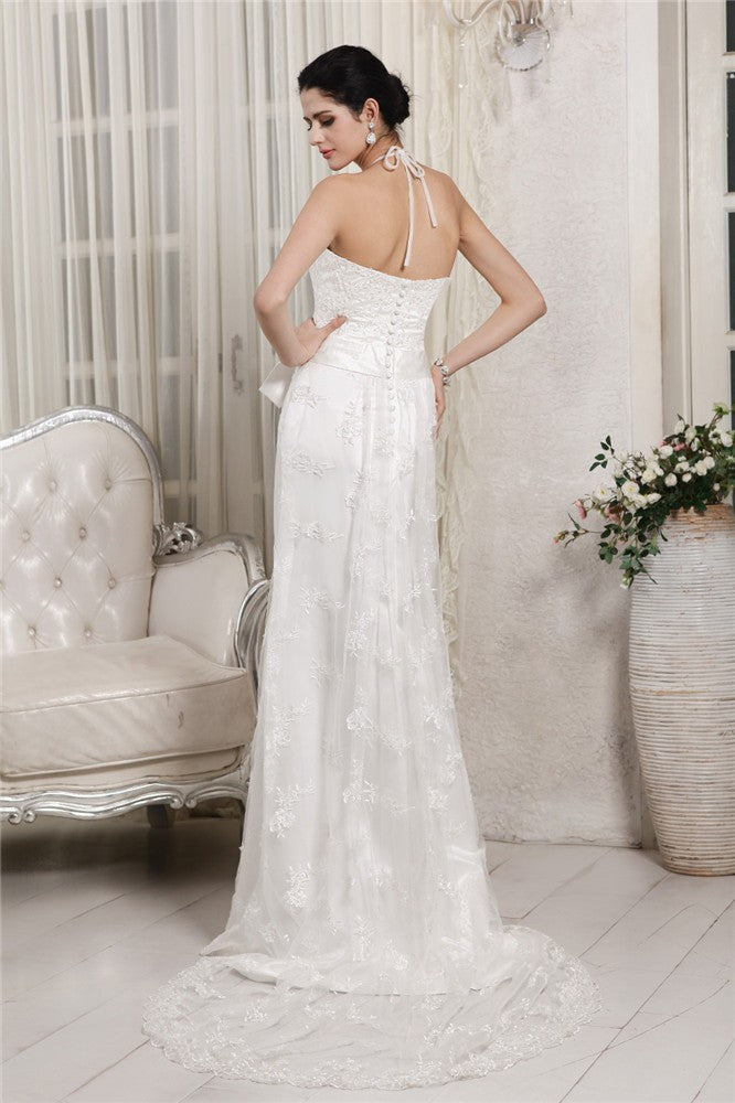 Sheath/Column V-neck Sleeveless Lace Applique Long Net Wedding Dresses CICIP0006973