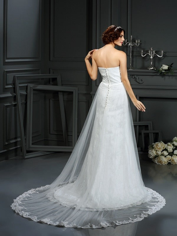 A-Line/Princess Sweetheart Pleats Sleeveless Long Net Wedding Dresses CICIP0006726