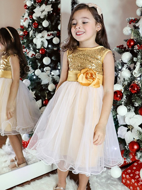 A-Line/Princess Organza Sequin Scoop Sleeveless Tea-Length Flower Girl Dresses CICIP0007551