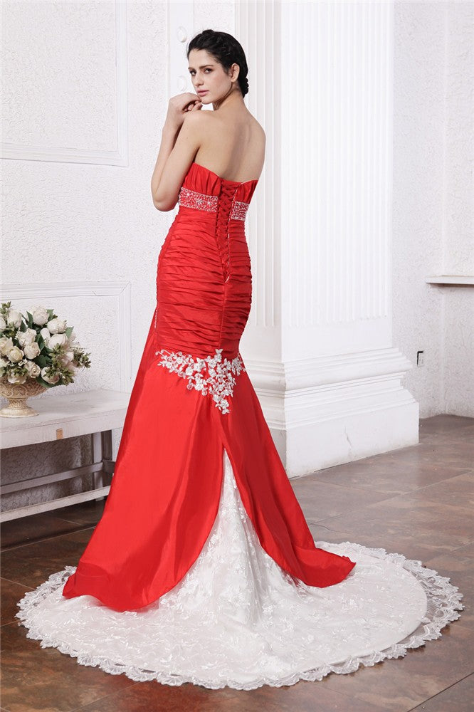 Trumpet/Mermaid Strapless Sleeveless Beading Lace Applique Long Taffeta Wedding Dresses CICIP0006825