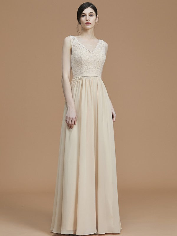 A-Line/Princess V-neck Sleeveless Floor-Length Ruffles Chiffon Bridesmaid Dresses CICIP0005747