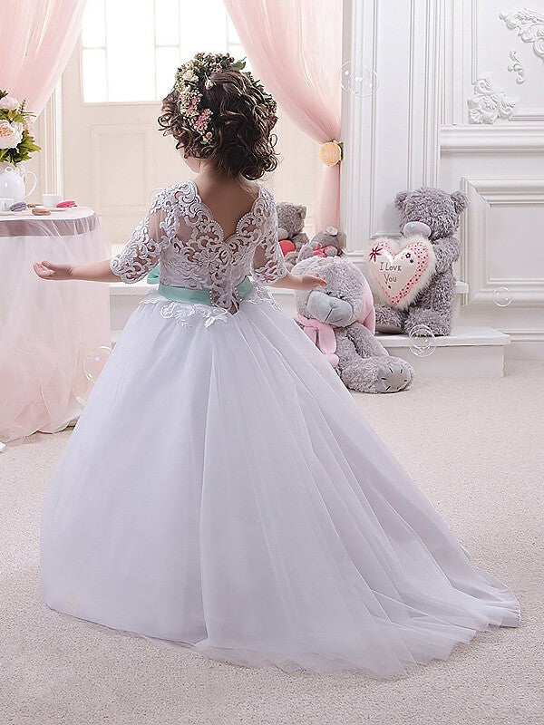 Ball Gown Jewel 1/2 Sleeves Lace Floor-Length Tulle Flower Girl Dresses CICIP0007750