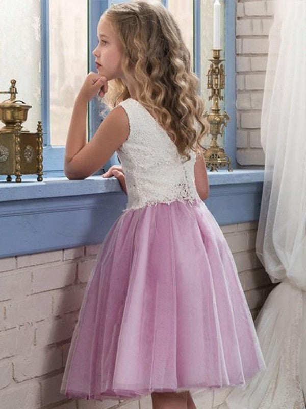 A-Line/Princess Sleeveless Scoop Knee-Length Lace Tulle Flower Girl Dresses CICIP0007899