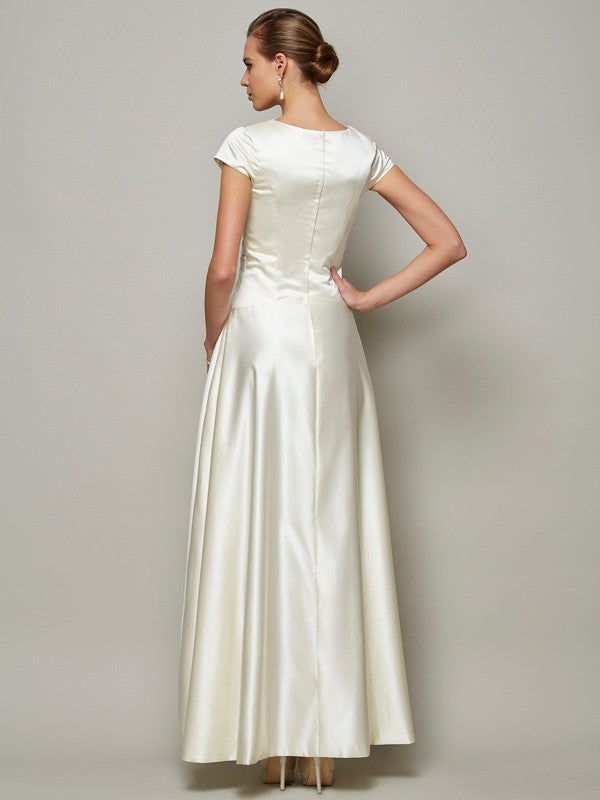 A-Line/Princess Scoop Short Sleeves Beading Long Satin Mother of the Bride Dresses CICIP0007075