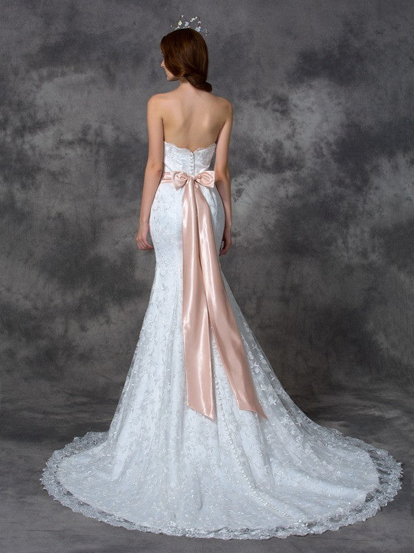 Trumpet/Mermaid Strapless Sash/Ribbon/Belt Sleeveless Long Lace Wedding Dresses CICIP0006769