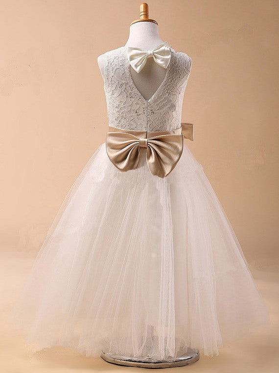 Ball Gown Jewel Sleeveless Bowknot Long Tulle Dresses CICIP0007543