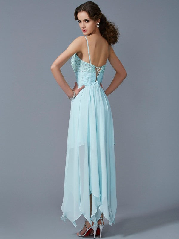 A-Line/Princess Spaghetti Straps Sleeveless Beading High Low Chiffon Homecoming Dresses CICIP0008123