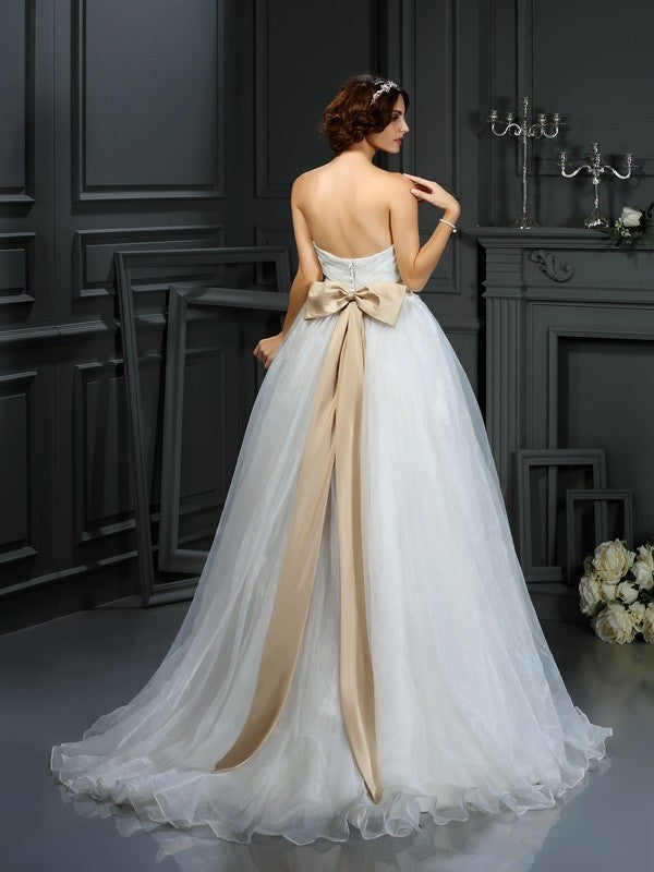 A-Line/Princess Sweetheart Applique Sleeveless Long Organza Wedding Dresses CICIP0006822