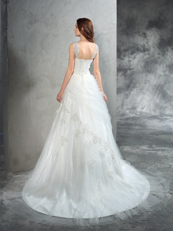 Ball Gown Straps Applique Sleeveless Long Net Wedding Dresses CICIP0006551