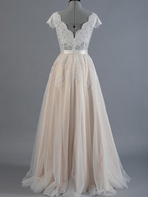 A-Line/Princess V-neck Sleeveless Floor-Length Applique Lace Wedding Dresses CICIP0006362