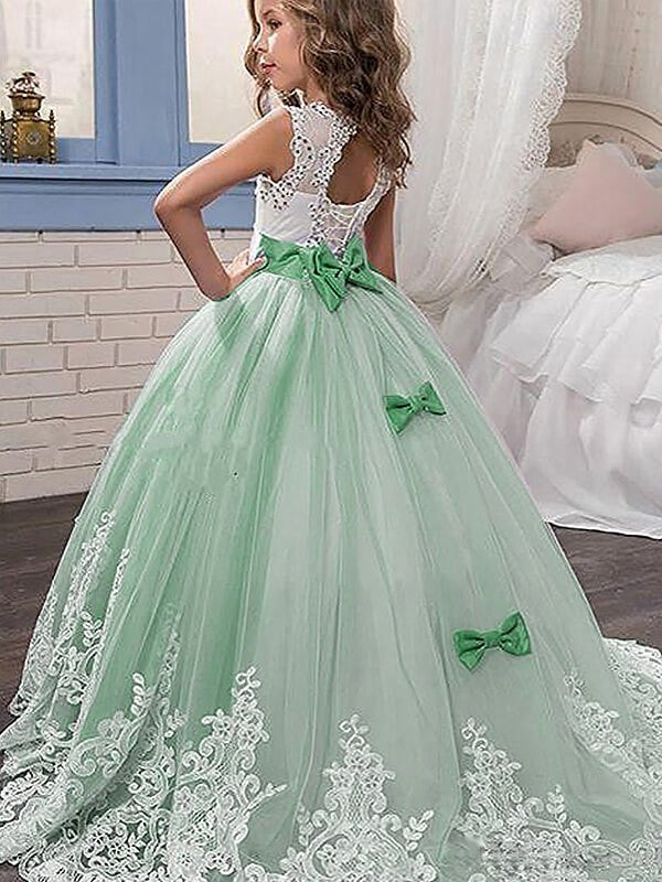 Ball Gown Jewel Sleeveless Lace Sweep/Brush Train Tulle Flower Girl Dresses CICIP0007567