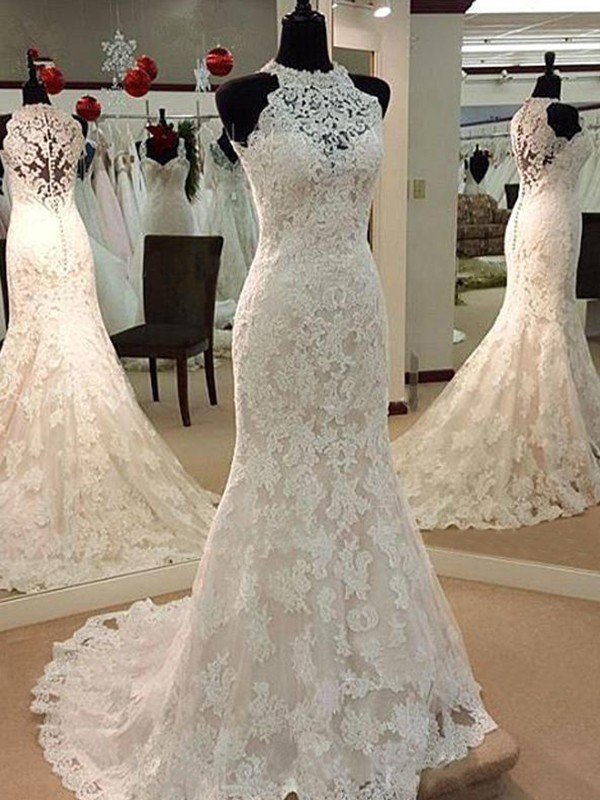 Sheath/Column Sleeveless Scoop Sweep/Brush Train Applique Lace Wedding Dresses CICIP0006162
