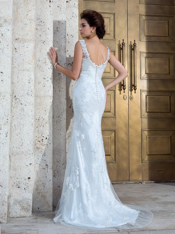 Trumpet/Mermaid V-neck Applique Sleeveless Long Net Wedding Dresses CICIP0006703