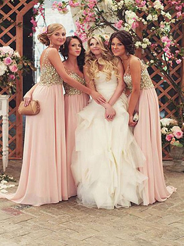 A-Line/Princess V-neck Sleeveless Floor-Length Sequin Chiffon Bridesmaid Dresses CICIP0005348