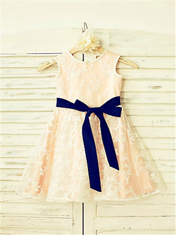 A-line/Princess Scoop Bowknot Sleeveless Ankle-Length Lace Flower Girl Dresses CICIP0007897