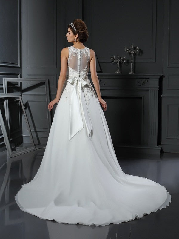 A-Line/Princess High Neck Beading Sleeveless Long Satin Wedding Dresses CICIP0006597