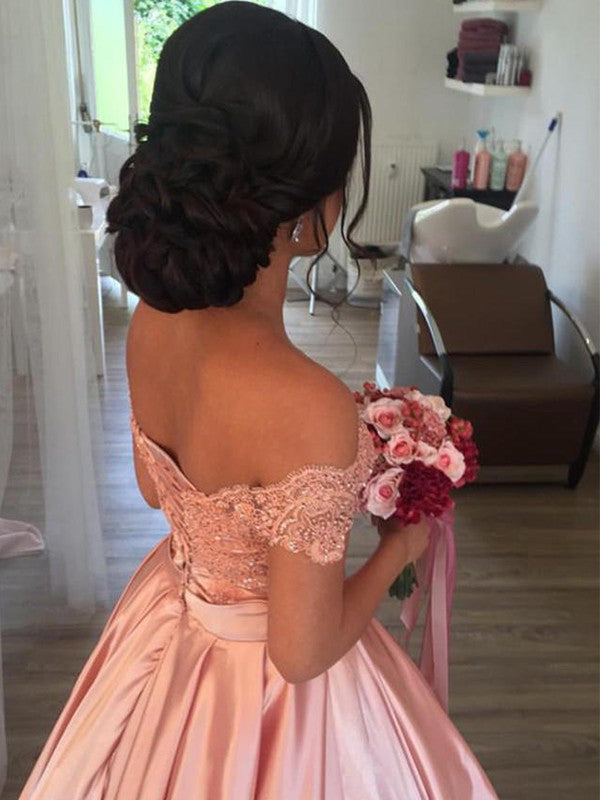 Ball Gown Sleeveless Off-the-Shoulder Satin Ruffles Cathedral Train Wedding Dresses CICIP0006687