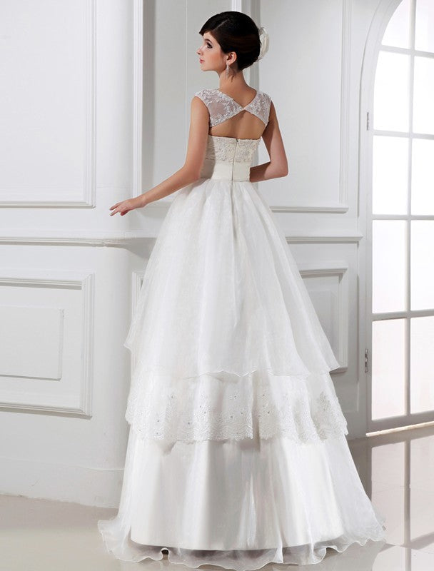 A-Line/Princess Beading Sleeveless Long Lace Organza Wedding Dresses CICIP0006916