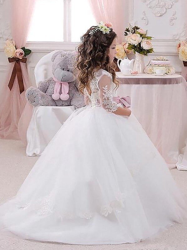 Ball Gown Jewel 1/2 Sleeves Lace Floor-Length Tulle Flower Girl Dresses CICIP0007595