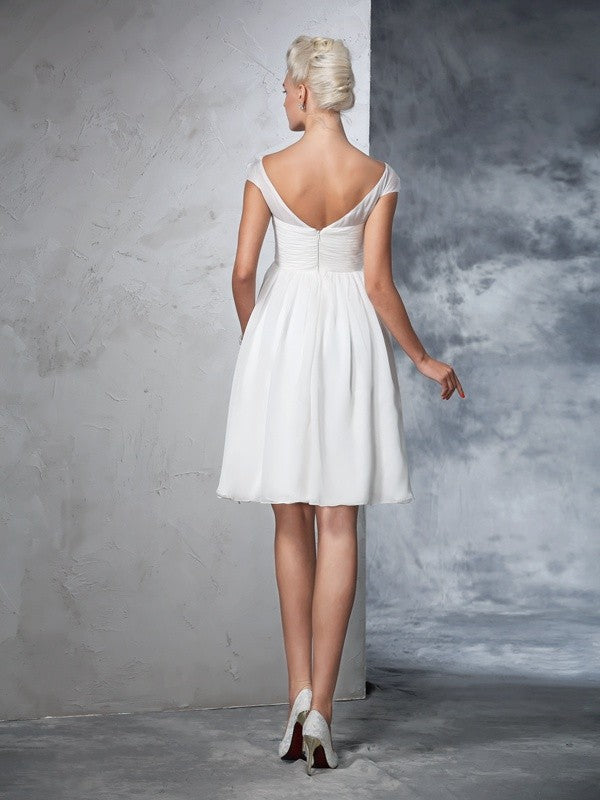 A-Line/Princess Sheer Neck Ruched Short Sleeves Short Chiffon Wedding Dresses CICIP0006652