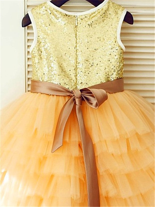 A-line/Princess Scoop Sleeveless Tea-Length Sequin Tulle Flower Girl Dresses CICIP0007892