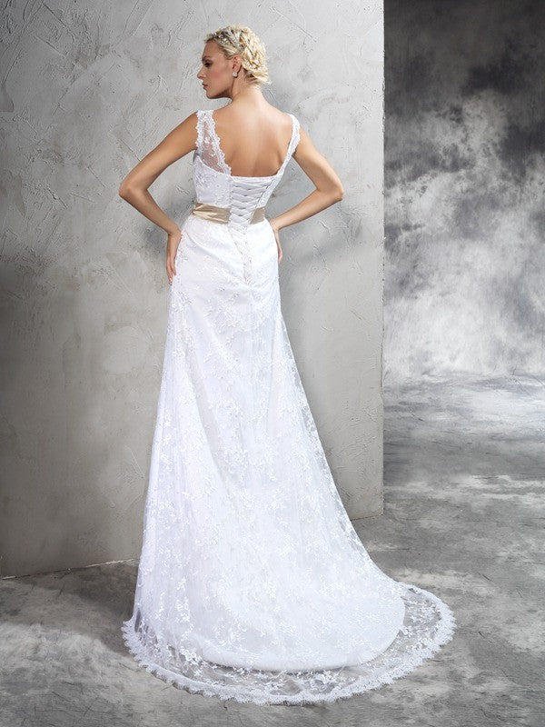 Sheath/Column Sheer Neck Hand-Made Flower Sleeveless Long Satin Wedding Dresses CICIP0006901