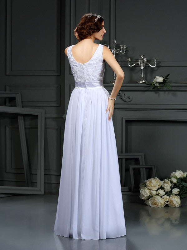 A-Line/Princess Scoop Lace Sleeveless Long Chiffon Wedding Dresses CICIP0006840
