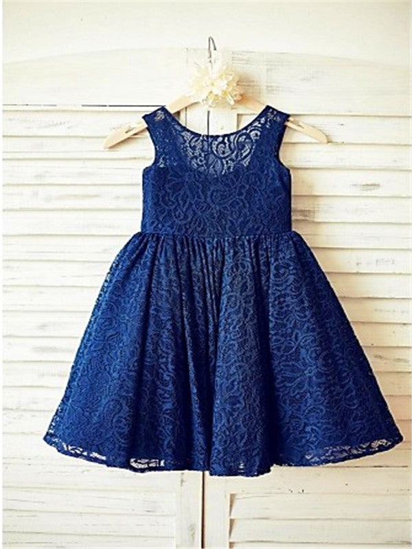A-line/Princess Scoop Sleeveless Bowknot Tea-Length Lace Flower Girl Dresses CICIP0007735