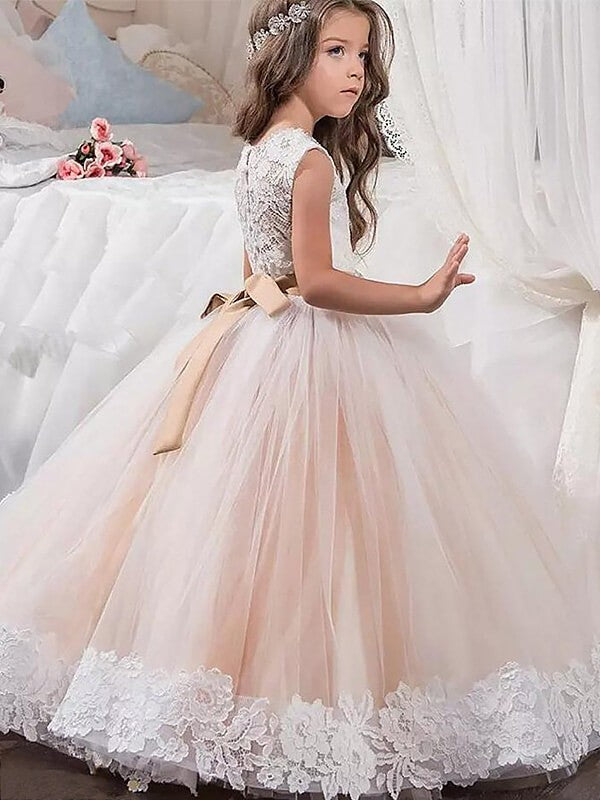 Ball Gown Scoop Sleeveless Lace Floor-Length Tulle Flower Girl Dresses CICIP0007575