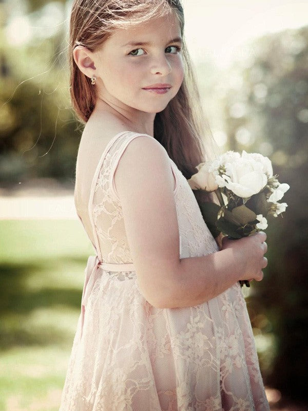 A-Line/Princess Sleeveless Scoop Knee-Length Ruffles Lace Flower Girl Dresses CICIP0007591